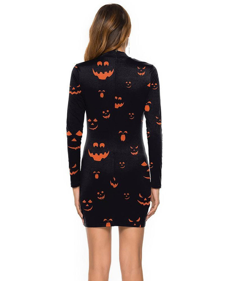 Black Scary Jack-O-Lanterns Print Long Sleeve Halloween Dress - pinkfad