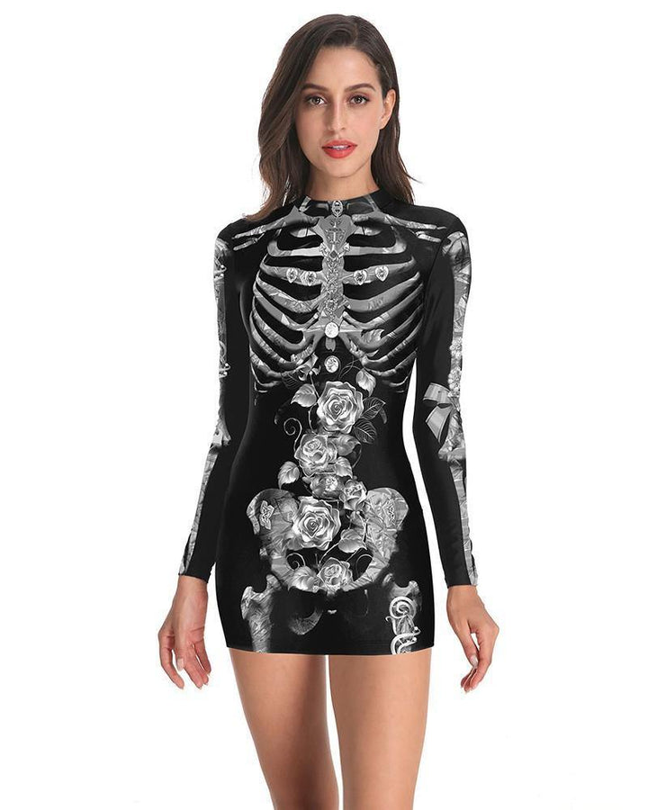 Black Diamond Skeleton Rose Print Halloween Long Sleeve Dress