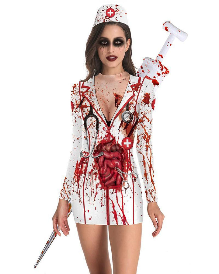 Scary Bloody Internal Organs Nurse Costume Print Long Sleeve Dress