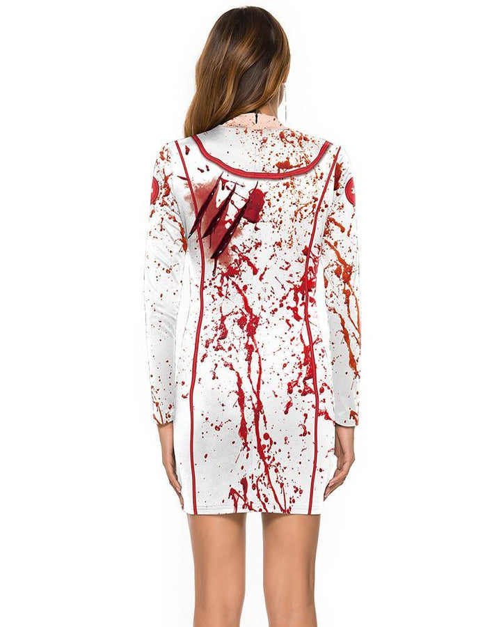 Scary Bloody Internal Organs Nurse Costume Print Long Sleeve Dress - pinkfad