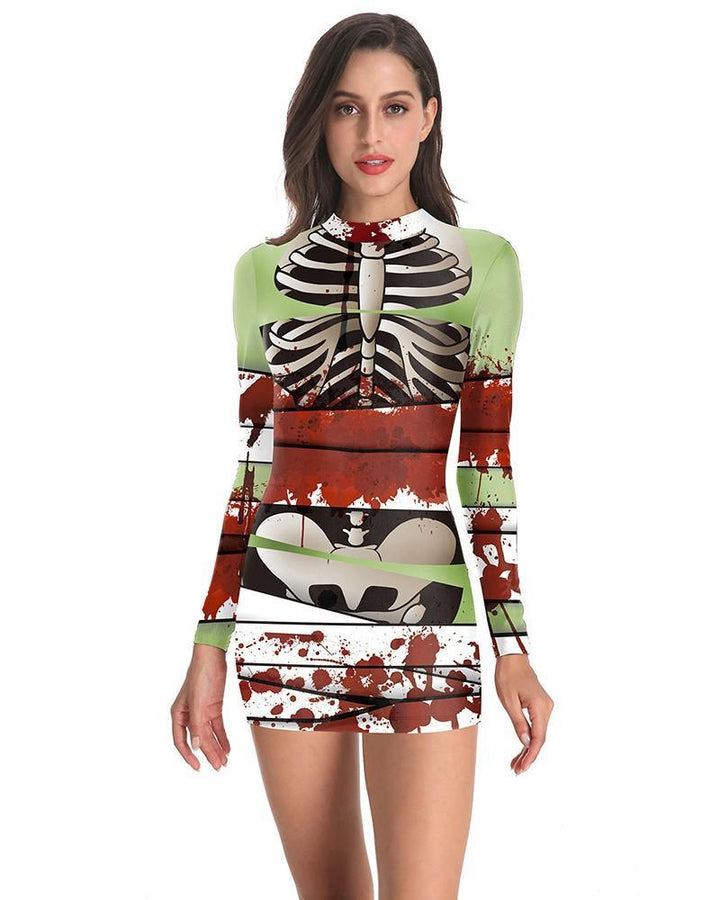 Bloody Skeleton Mummy Bandage Mixed Print Halloween Long Sleeve Dress