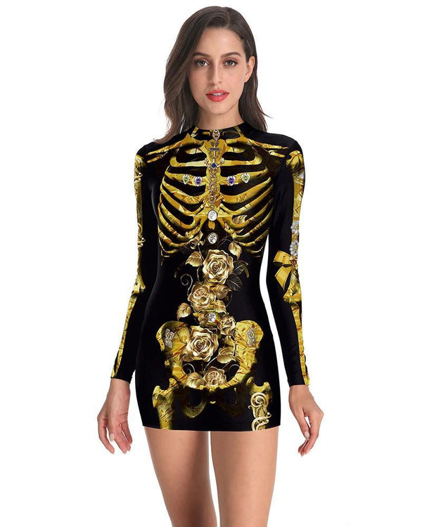 Gold Diamond Rose Skeleton Print Long Sleeve Halloween Dress