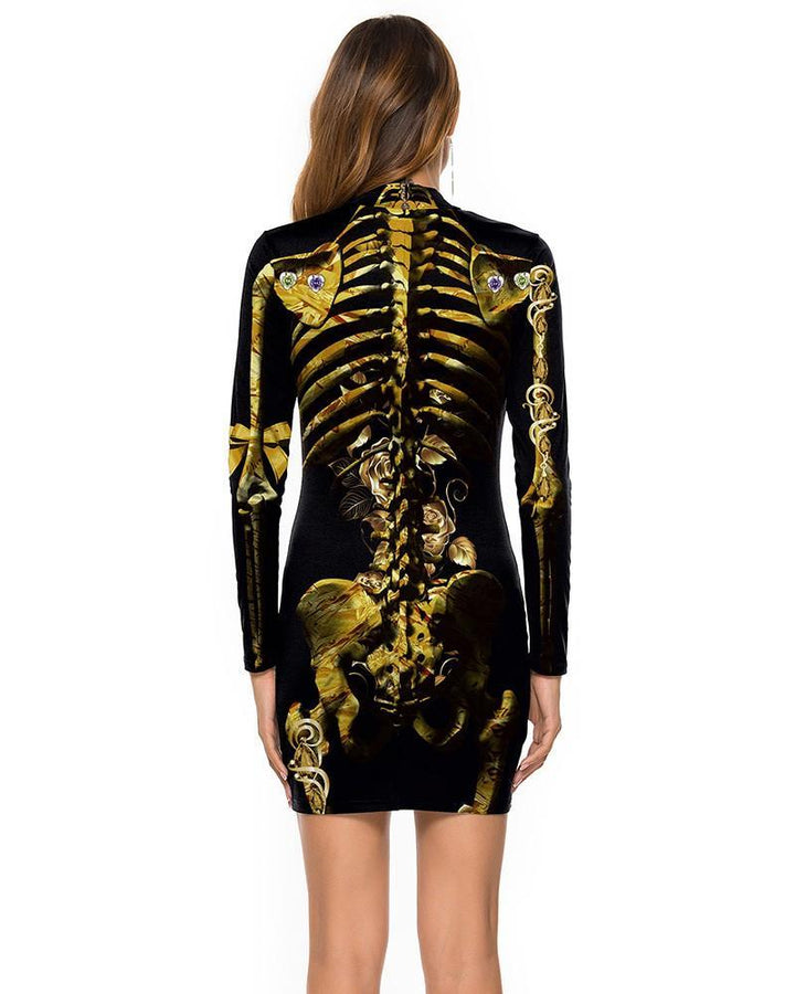 Gold Diamond Rose Skeleton Print Long Sleeve Halloween Dress - pinkfad