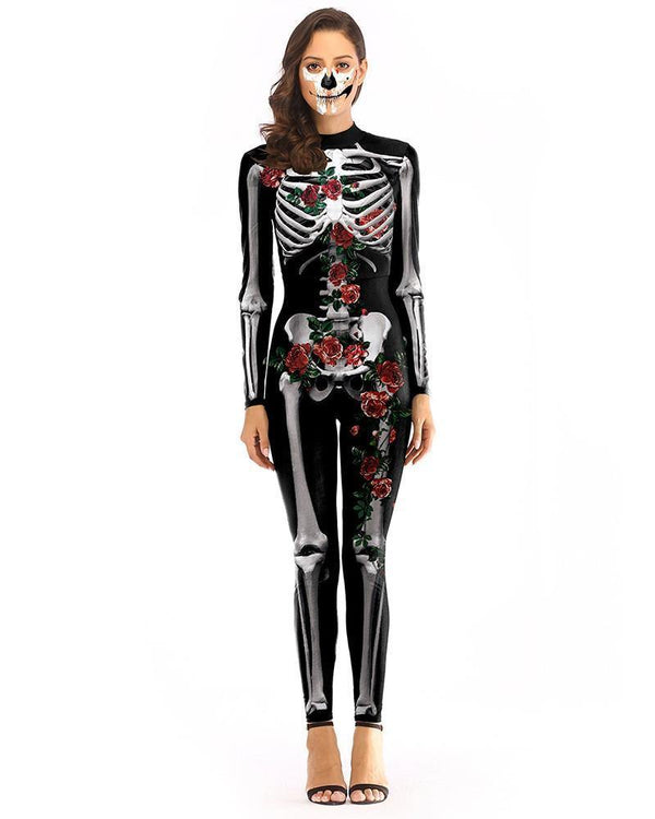 Black Rose Skeleton Catsuit Full Body Bodysuit Halloween Costume
