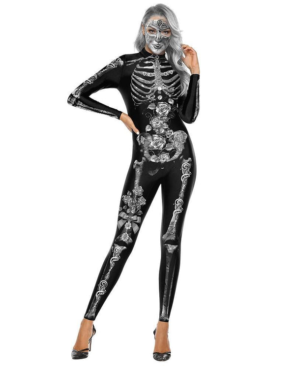 Scary Skeleton Rose Print Catsuit Full Body Bodysuit Halloween Costume