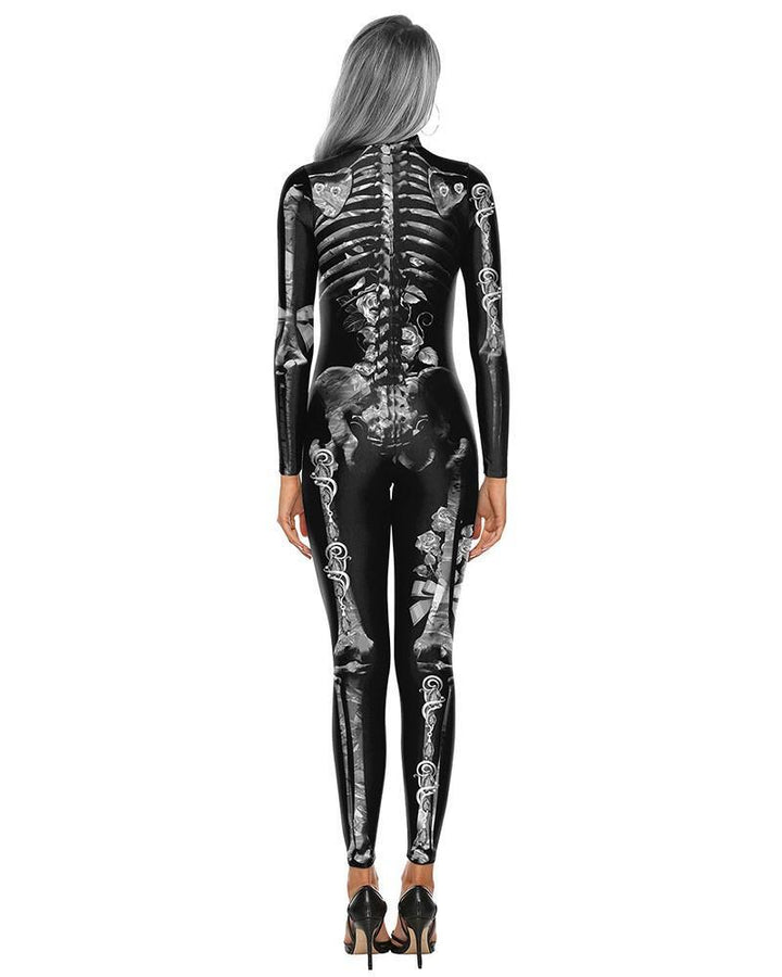Scary Skeleton Rose Print Catsuit Full Body Bodysuit Halloween Costume - pinkfad