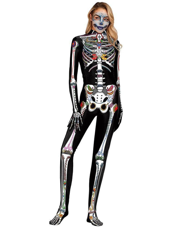 Artistic Skeleton Rose Long Catsuit Full Bodysuit Halloween Costume