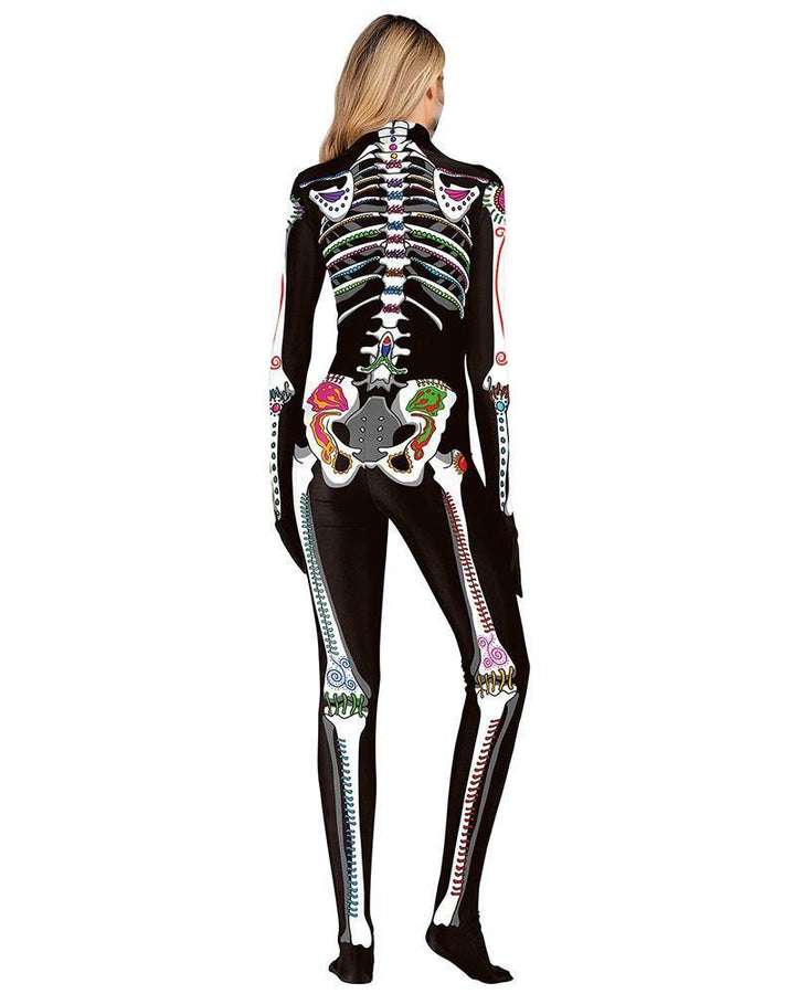 Artistic Skeleton Rose Long Catsuit Full Bodysuit Halloween Costume - pinkfad