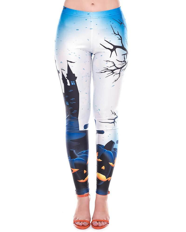 Halloween Witch Castle And Pumpkin Lantern Printed Leggings Blue White