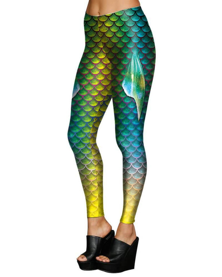Mermaid Fish Scale With Fin Halloween Cosplay Leggings Yellow Blue