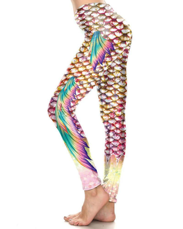 Gold White Fish Scale With Rainbow Fins Halloween Mermaid Leggings