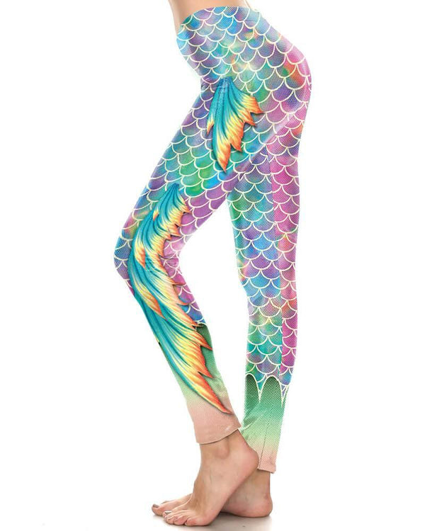 Fish Scale With Long Fins Print Halloween Mermaid Leggings Purple Blue