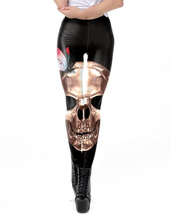 Gold Skull With Butterfly Printed Black Halloween Leggings
