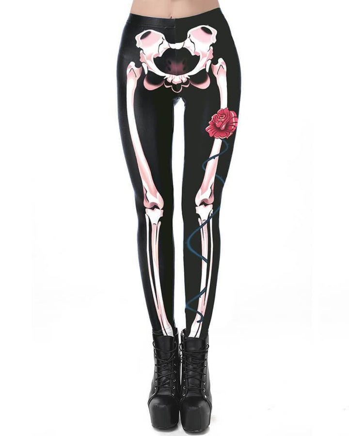 Skeleton Leg Printed Black Halloween Leggings