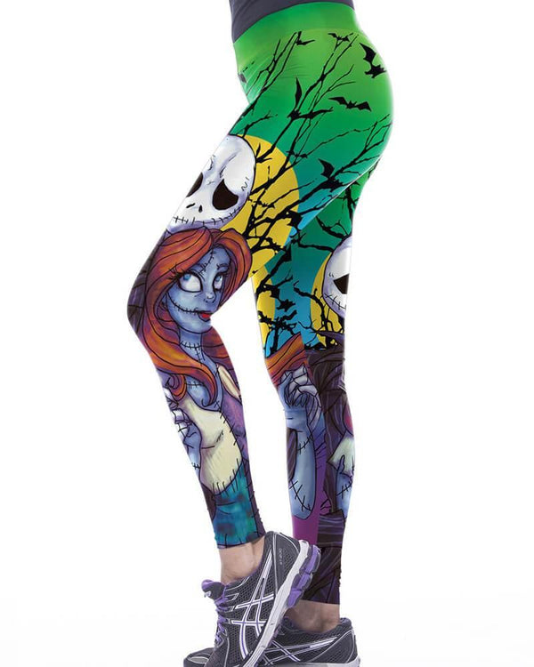 Mr Zombie And Lady Print Green Horror Active Halloween Gym Leggings