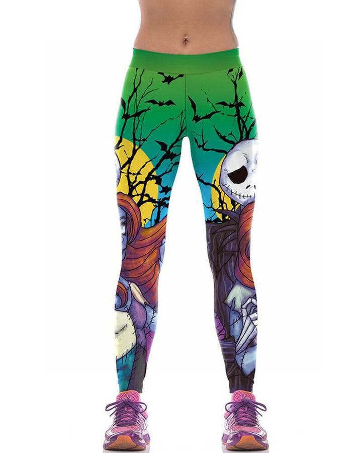 Mr Zombie And Lady Print Green Horror Active Halloween Gym Leggings - pinkfad