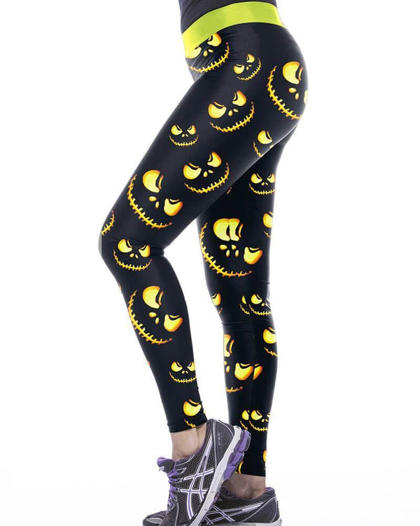 Horror Pumpkin Printed Black Yellow Halloween Active Yoga Leggings