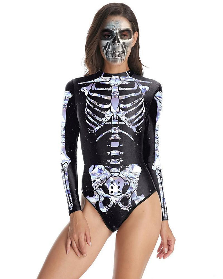 Diamond Skeleton Print Black One Piece Swimsuit Halloween Bodysuit