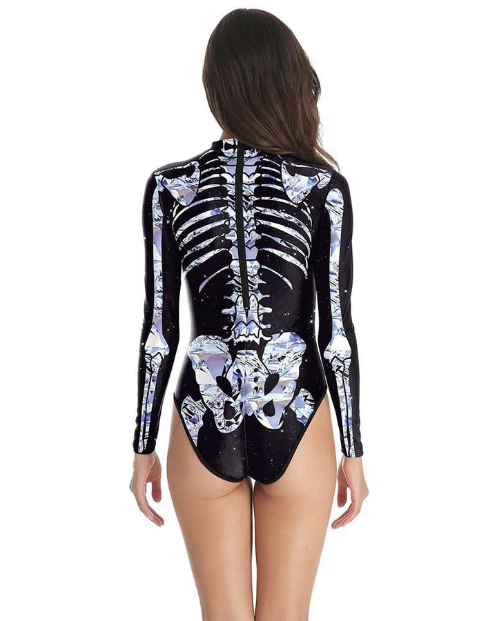 Diamond Skeleton Print Black One Piece Swimsuit Halloween Bodysuit - pinkfad
