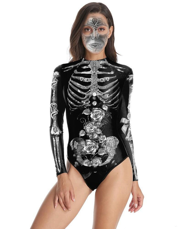 Grey Skeleton Rose Print Long Sleeve Halloween One Piece Swimsuit