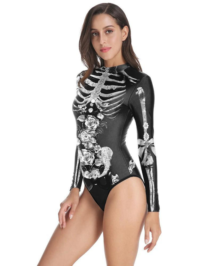 Grey Skeleton Rose Print Long Sleeve Halloween One Piece Swimsuit - pinkfad