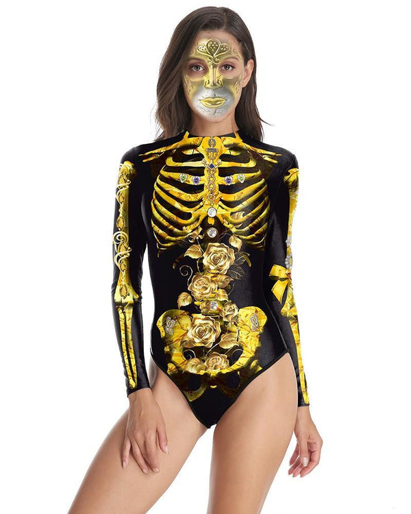 Gold Rose Skeleton Black Long Sleeve Swimsuit Halloween Bodysuit