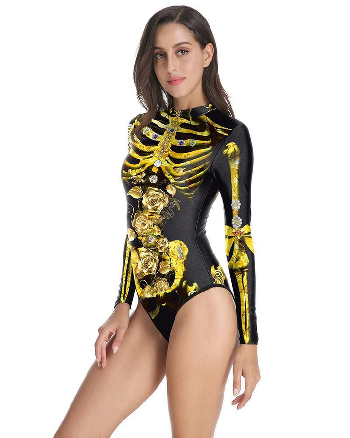 Gold Rose Skeleton Black Long Sleeve Swimsuit Halloween Bodysuit - pinkfad