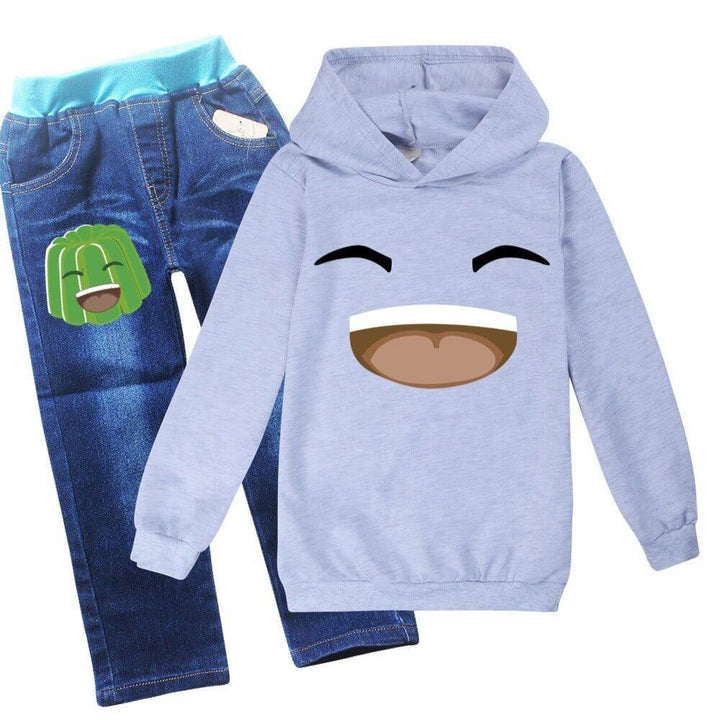 Jelly Green Hearty Laugh Print Girls Boys Hoodie And Jeans Outfit Set