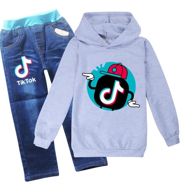 4-12 Years Boys Girls Tik Tok Printed Hoodie And Blue Jeans Outfit Set