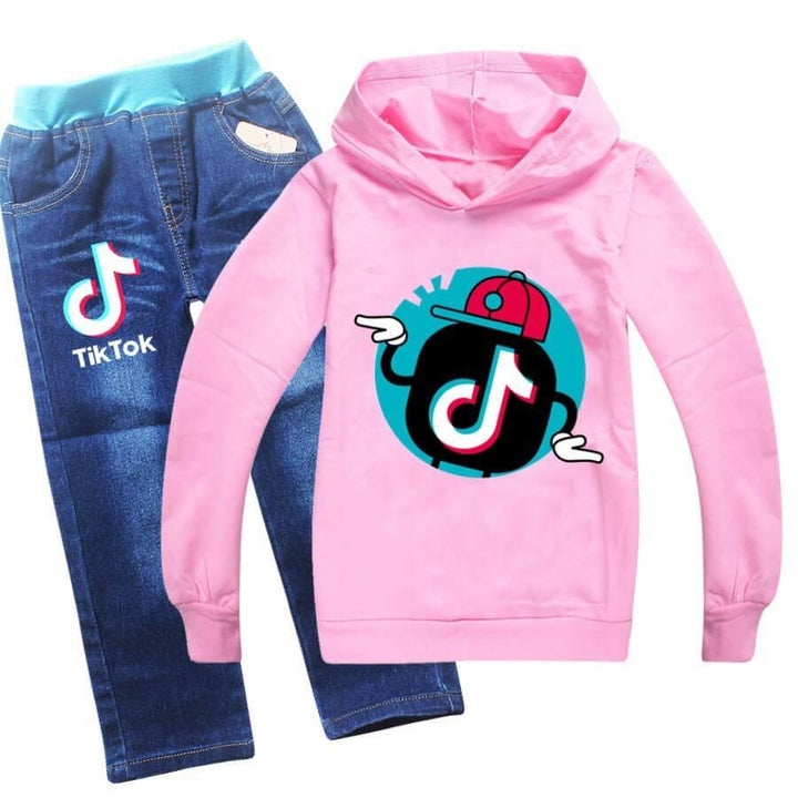 4-12 Years Boys Girls Tik Tok Printed Hoodie And Blue Jeans Outfit Set - pinkfad