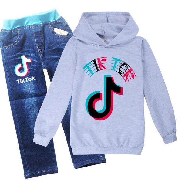 Tik Tok Printed 4-12 Years Boys Girls Hoodie And Blue Jeans Outfit Set