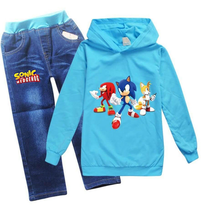 Sonic The Hedgehog Printed 4-12 Years Boys Girls Hoodie And Blue Jeans - pinkfad