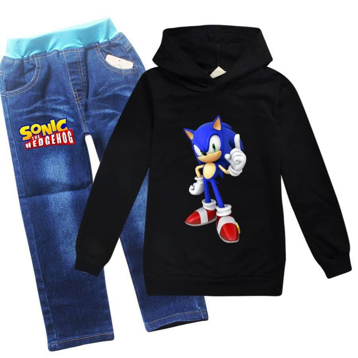 4-12 Years Boys Girls Sonic The Hedgehog Printed Hoodie And Blue Jeans - pinkfad