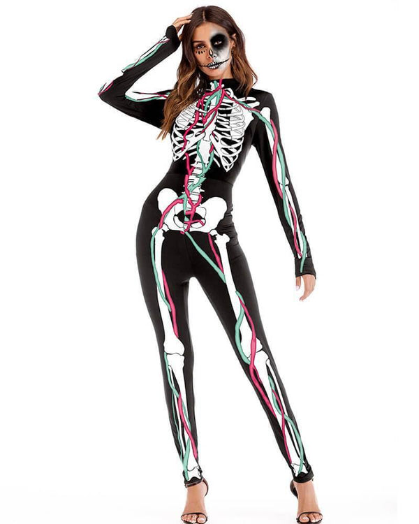 Black Skeleton Print Halloween Catsuit Stretch Full Bodysuit Costume