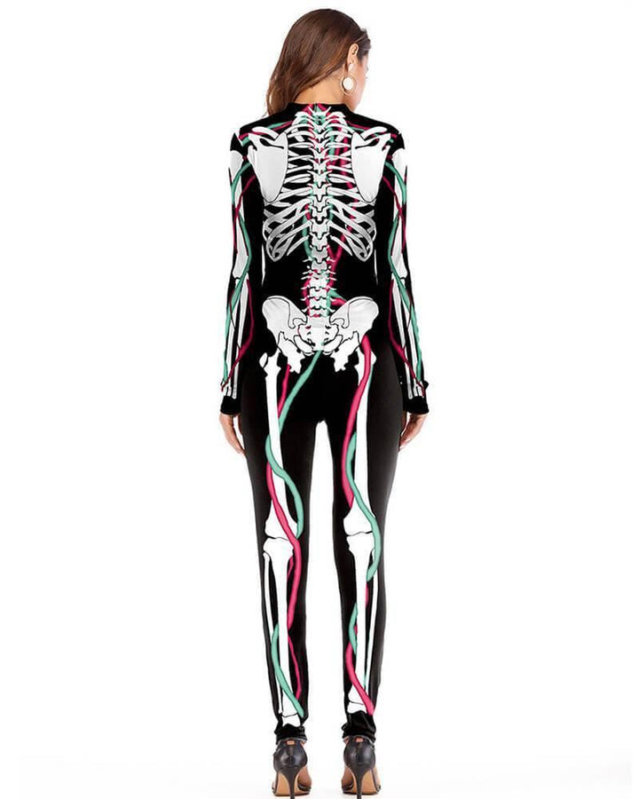 Black Skeleton Print Halloween Catsuit Stretch Full Bodysuit Costume - pinkfad