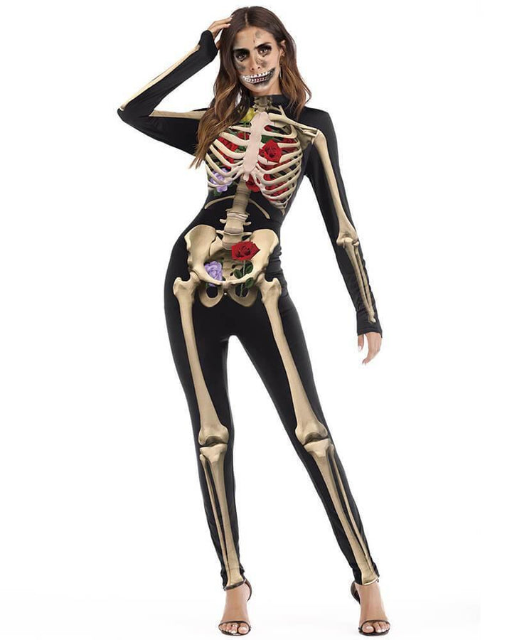 Black Skeleton Rose Bodysuit Womens Fancy Halloween Catsuit Costume