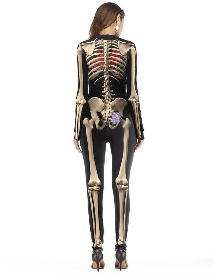 Black Skeleton Rose Bodysuit Womens Fancy Halloween Catsuit Costume - pinkfad