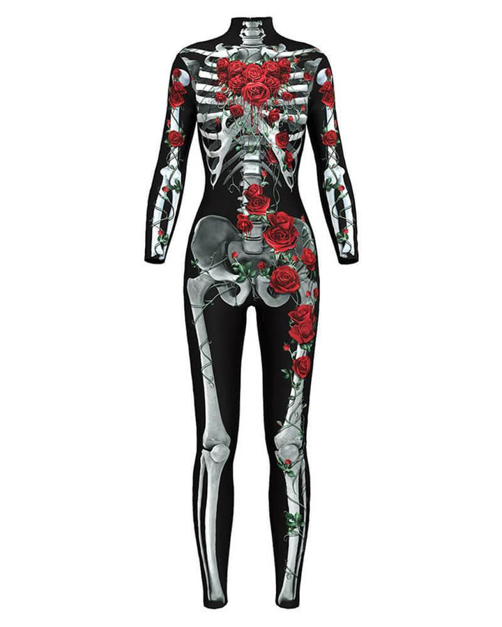Scary Skeleton Rose Catsuit Fancy Womens Halloween Bodysuit Costume