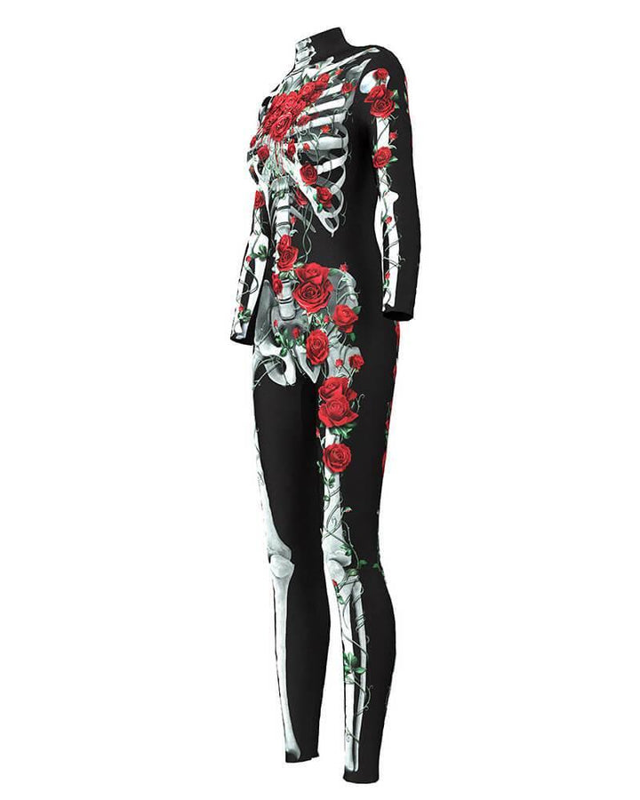 Scary Skeleton Rose Catsuit Fancy Womens Halloween Bodysuit Costume - pinkfad