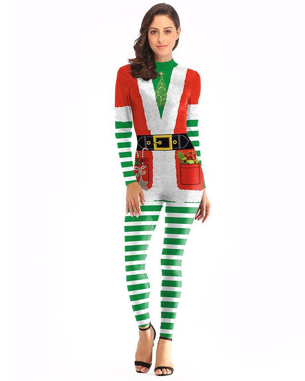 Christmas Elf Catsuit Womens Classic Tight Jumpsuit Cosplay Costume