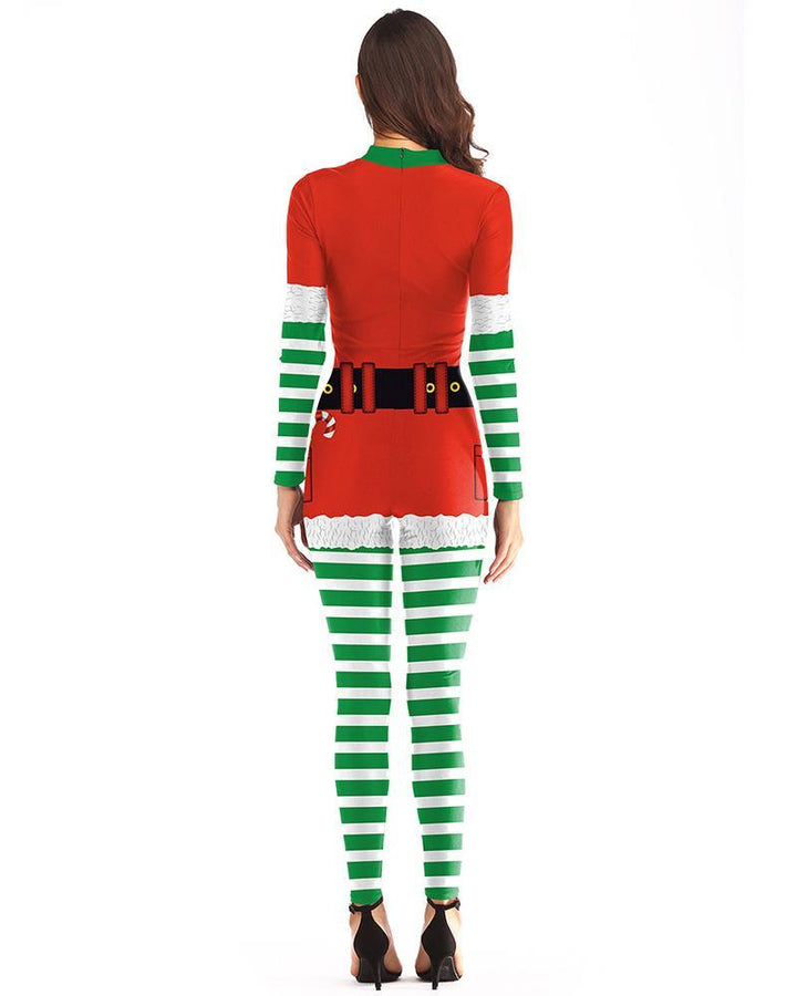 Christmas Elf Catsuit Womens Classic Tight Jumpsuit Cosplay Costume - pinkfad