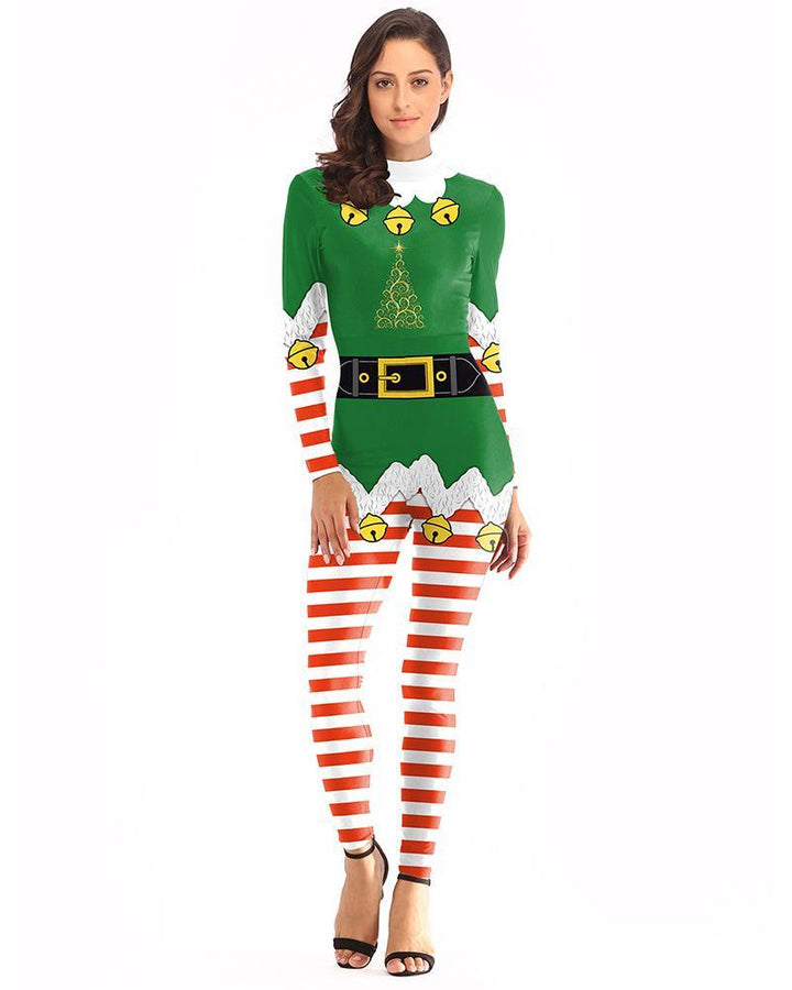 Classic Christmas Elf Catsuit Womens Green Tight Jumpsuit Costume