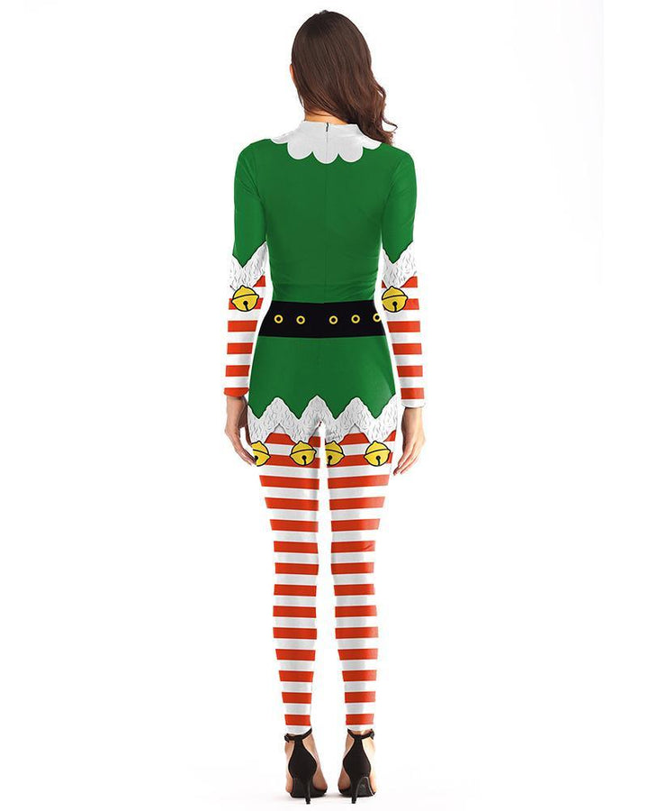 Classic Christmas Elf Catsuit Womens Green Tight Jumpsuit Costume - pinkfad
