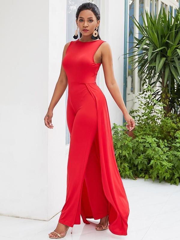 Red Sleeveless Cape Bottom Bodycon Party Dance Jumpsuit - pinkfad