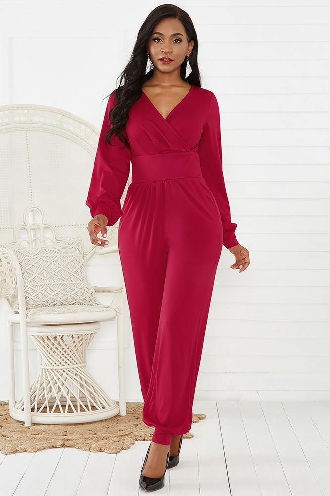 Red Wrap Top Long Puff Sleeve Wide Leg Ankle Elastic Party Jumpsuit