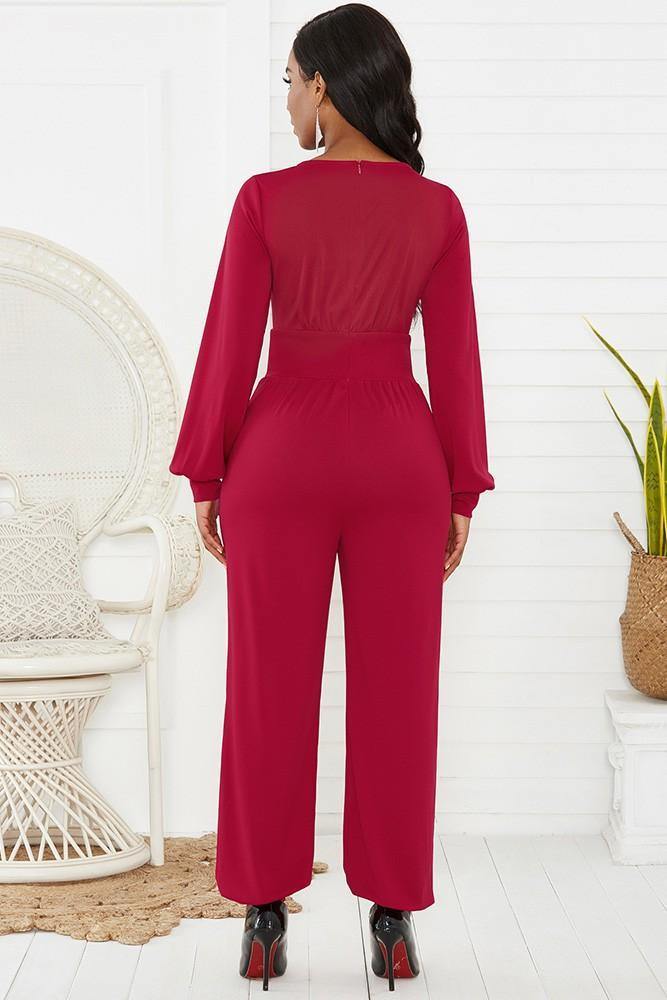 Red Wrap Top Long Puff Sleeve Wide Leg Ankle Elastic Party Jumpsuit - pinkfad