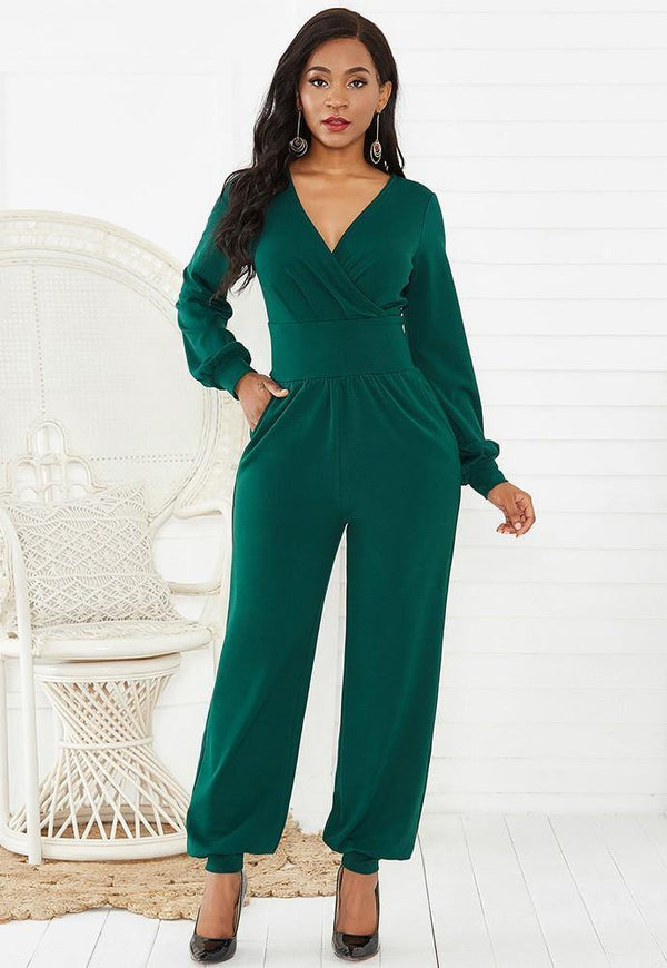 Green Wrap Top Long Puff Sleeve Wide Leg Ankle Elastic Party Jumpsuit
