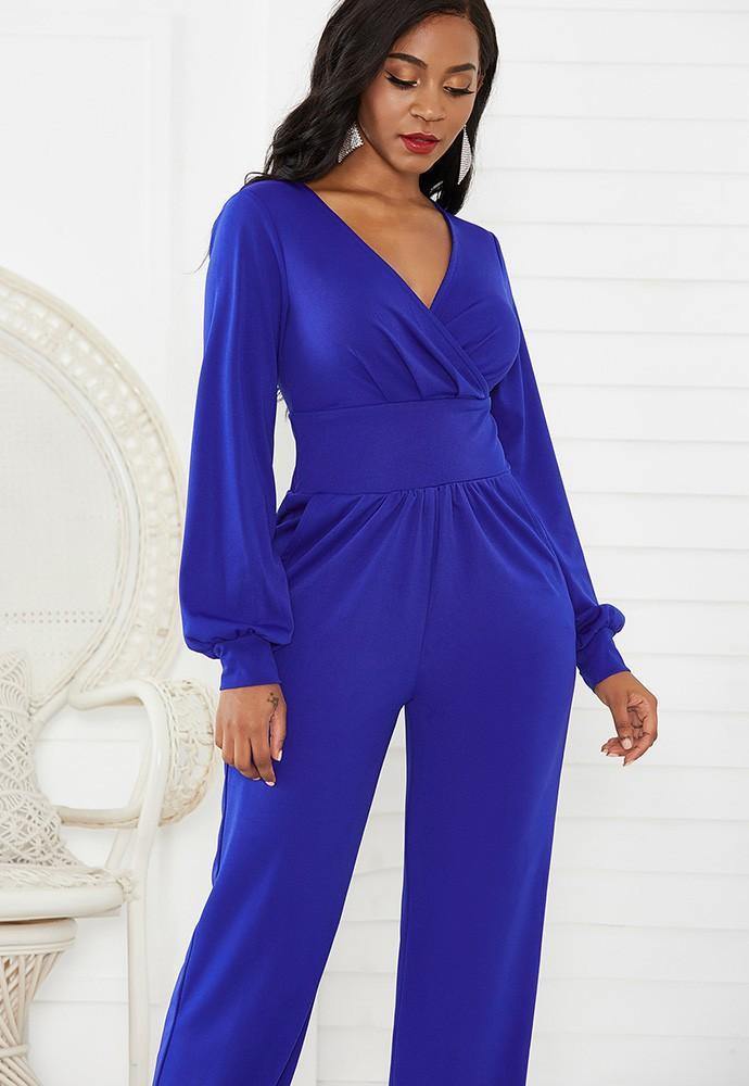 Blue Wrap Front Long Puff Sleeve Wide Leg Ankle Elastic Party Jumpsuit - pinkfad