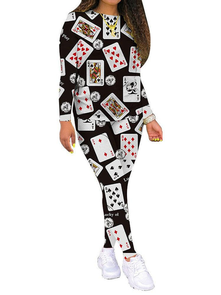 Figure Cards Print Overlay Womens Top And Leggings Casual Daily Suit