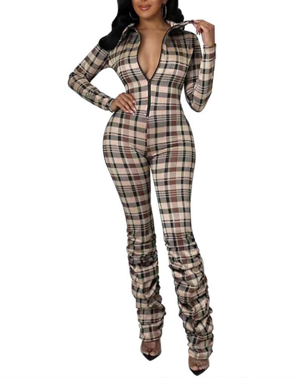 Check Pattern Zip Through Ruched Leg Slim Fitted Long Sleeve Jumpsuit